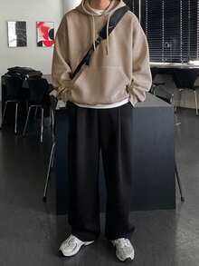 DAZY Beige Loose Solid Color Thermal Lined Hoodie For Men, Autumn/Winter - Beige - View 3