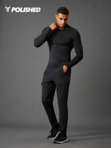 Manfinity Sport Corelite 男士运动Polo衫，休闲、跑步、健身压缩衫 - 黑色 - 查看 4