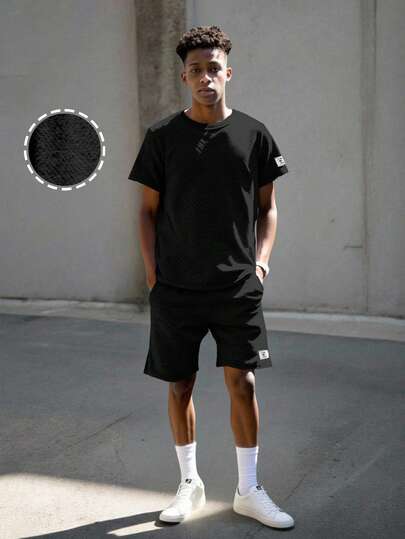 Vacaura 2 st/set tonårspojkar, casual, jacquardstruktur, svart rund hals, kortärmad t-shirt och shorts, vintage sommaroutfit