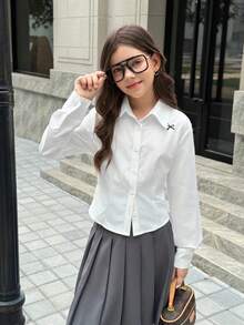 SHEIN 少女可爱蝴蝶结印花白色修身衬衫，休闲日常时尚百搭 - 白色 - 查看 3
