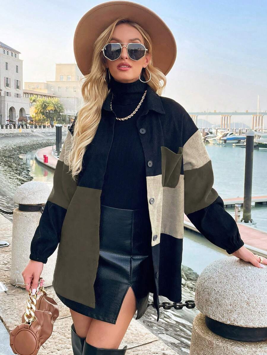 EMERY ROSE Chaqueta de mujer de manga larga, cuello de camisa, de un solo pecho, con bolsillo y contraste de color, para otoño/invierno