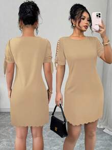 Elenzga Women's Solid Color Simple Fashionable Beaded Dress, Suitable For Summer - Khaki - View 3