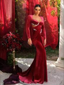 Glamrae Váy đuôi cá dài tay ôm vai vuông bằng vải Angora sang trọng thanh lịch, viền cắt kim cương giả thủ công cao cấp, viền đuôi cá xếp ly, thích hợp cho các buổi dạ tiệc, sự kiện kinh doanh, tiệc trà riêng tư, sinh nhật, ngày lễ, đám cưới và các dịp trang trọng - Đỏ - Xem 5