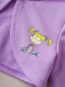 Nick 90s | SHEIN Baby Girl Cartoon Figure Graphic Purple Jacket & Purple Polka Dot Cute White Tank Dress, 2 Piece Set - Purple - View 4