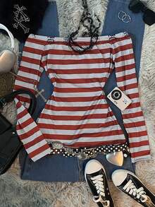 SHEIN Áo thun dài tay một bên vai họa tiết trái tim thiên thần hồng Y2K Sweet 2000 dành cho nữ, sọc đen và xám, thích hợp cho mùa tựu trường, quà tặng cho chị em gái - Nhiều màu - Xem 2