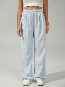 SHEIN Tall New Navy Blue Bow Embroidered Woven Trousers Back To School Outfits Women Y2k - Blue - View 5