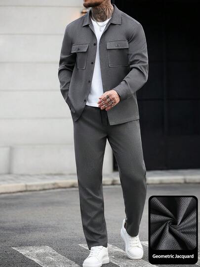Manfinity CasualCool 男士纯色实用双口袋纹理长袖衬衫长裤套装，秋冬款