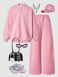 SHEIN ChillGRL Conjunto de 2 piezas para niñas Casuvi: Camiseta de manga larga con cuello redondo y decoración de encaje, y pantalones de pierna ancha de punto con decoración de encaje y estampado numérico, adecuado para uso casual, vuelta al colegio, deportes y vacaciones, primavera/otoño - Rosa - Ver 2