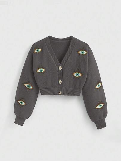 Cárdigan de talla grande con estilo hippie Y2K con ojos bordados, gris oscuro