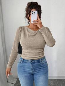 Elenzga RosyDaze 女式加大码复古不对称垂褶领纹理荷叶边修身长袖上衣 - 卡其色 - 查看 6