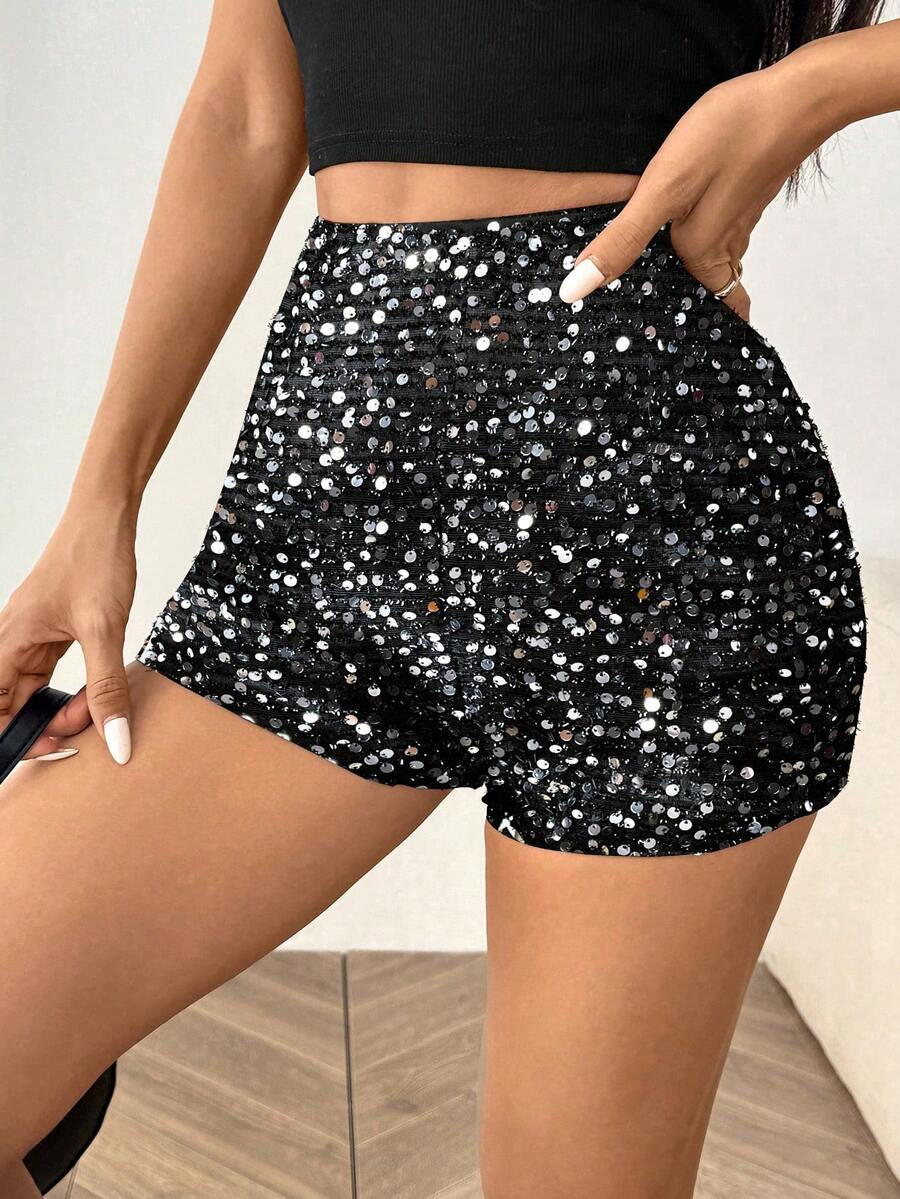 SHEIN EZwear 黑色和银色女士亮片针织派对短裤 - 銀色 - 查看 1
