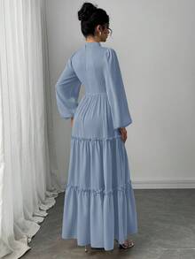 Veilorie Women's Solid Color Stand Collar Lantern Sleeve Ruffle Hem Dress - Blue - View 2