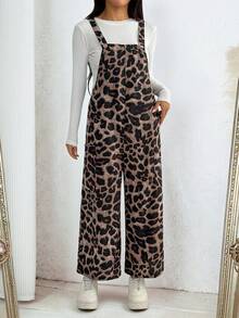 SHEIN PETITE Mono holgado con bolsillo y estampado de leopardo para mujer, otoño/invierno