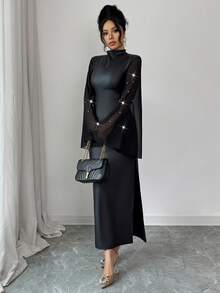 SHEIN Elenzya 女士优雅派对珍珠装饰长袖开衩长裙 - 黑色 - 查看 4
