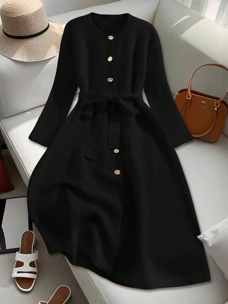 SHEIN Franclia 女士圆领纽扣配腰带长款针织毛衣裙 - 黑色 - 查看 1