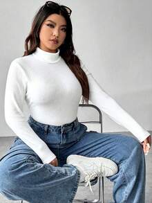 SHEIN Tall CURVE 大码纯色立领连体衣，秋季休闲款 - 白色 - 查看 3