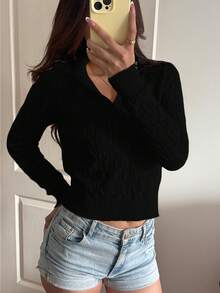 Flirla 女士休闲抽绳长袖针织衫，浅黄色，秋冬款 - 黑色 - 查看 6