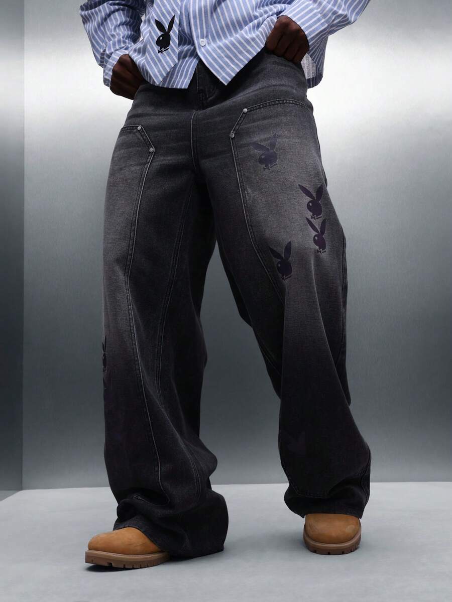PLAYBOY X SUMWON Quần jean denim Carpenter ống rộng in logo chú thỏ và túi tiện dụng cho phong cách đường phố thường ngày - Xám - Xem 1