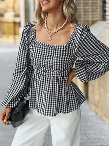 Solivie 女士格子印花荷叶领休闲长袖衬衫，适合秋冬、新年和圣诞节穿着。 - 黑與白 - 查看 1