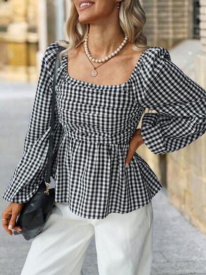 Solivie Blusa casual de manga larga con cuello de volantes y estampado de cuadros para mujer, nueva temporada de otoño e invierno, Navidad y Año Nuevo