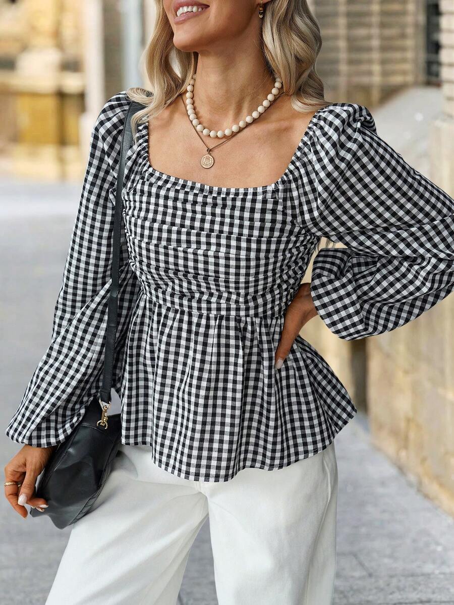 Solivie 女士格子印花荷叶领休闲长袖衬衫，适合秋冬、新年和圣诞节穿着。 - 黑與白 - 查看 1