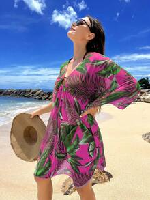 Swim Lushoire Beach Outfits For Woman Tropical Print Drawstring Front Cover Up Dress,Summer Beach - Multicolor - View 2
