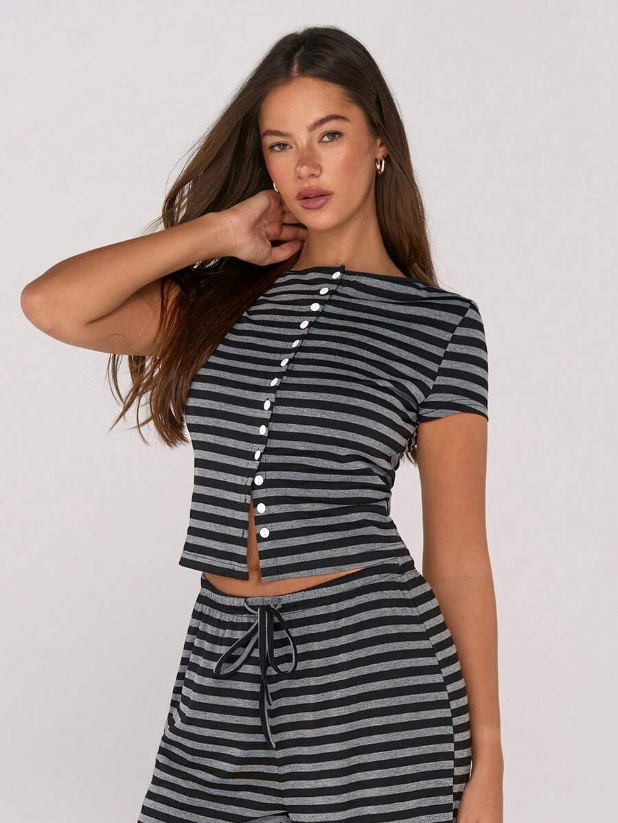 SHEIN ICON Grey & White Striped Button-Up Short Sleeve Top, Casual Wear ...