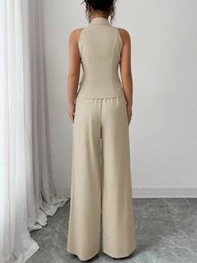 Elenzga 两件套女士商务套装，珍珠纽扣无袖翻领上衣搭配高腰直筒裤，通勤OL风，适合商务会议和日常办公穿着，春秋季款 - 香檳色 - 查看 2