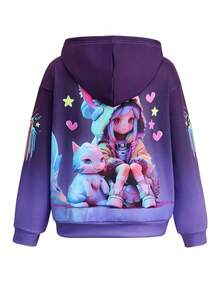 1 件 Tween Girl 可爱卡通猫咪印花连帽休闲运动衫，适合秋冬季 - 紫色 - 查看 2