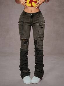 SHEIN Tall Tall Size Stretch Distressed Cargo Pocket Washed Denim Jeans - Black - View 4