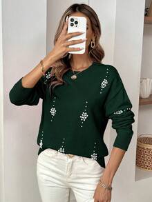 LanaWest Casual Soft Pearl Embellished Women Sweater - Dark Green - View 6