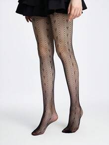 ROMWE Goth 1pair Women's Black Heart Shaped Fishnet Stocking With Straps, Suitable For All Seasons - Pure black - View 5
