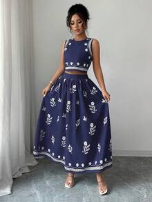 Selianne 2件套女士休闲印花背心和裙子套装，度假装 - 藏蓝色 - 查看 6