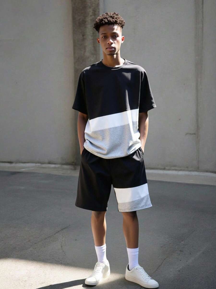Vacaura Boy Summer Outfit 2pcs/Set Casual Colorblock T-Shirt And Elastic Waist Pants Set For Teenage Boys - Multicolor - View 1
