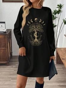 SHEIN LUNE 女士复古曼陀罗星月树图案时尚圆领长袖休闲短裙，优雅经典，适合秋冬季节，适合约会、派对和通勤，波西米亚风，派对装扮。 - 白色 - 查看 6