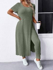 EURMUSE Plus Size Women Solid Color Round Neck Short Sleeve Side Slit Hem Long Ribbed T-Shirt And Pants Casual 2 Piece Set - Mint Green - View 4
