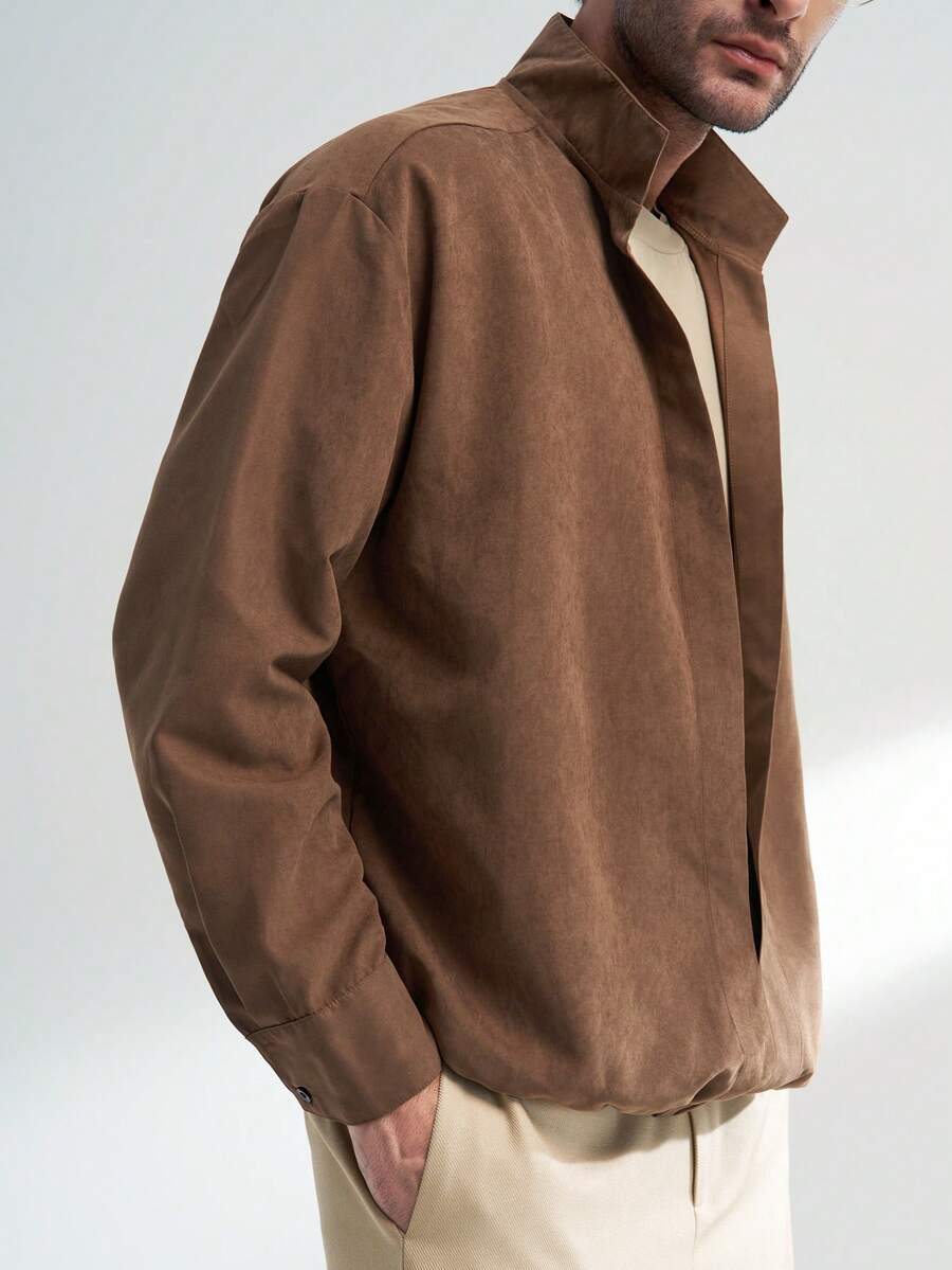 Manfinity Dauomo Áo sơ mi tay dài dáng rộng dáng rộng 2 trong 1 họa tiết đồng xu cổ điển, họa tiết xếp ly - Màu Khaki - Xem 1