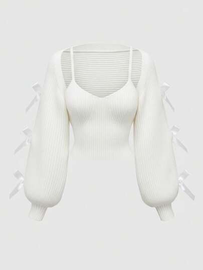 Kawaii Nuevo Año y Día de San Valentín Casual Capa Decorativa con Lazo Lindo Manga Farol Cubre Chal, Conjunto de Dos Piezas Chaleco Ligero