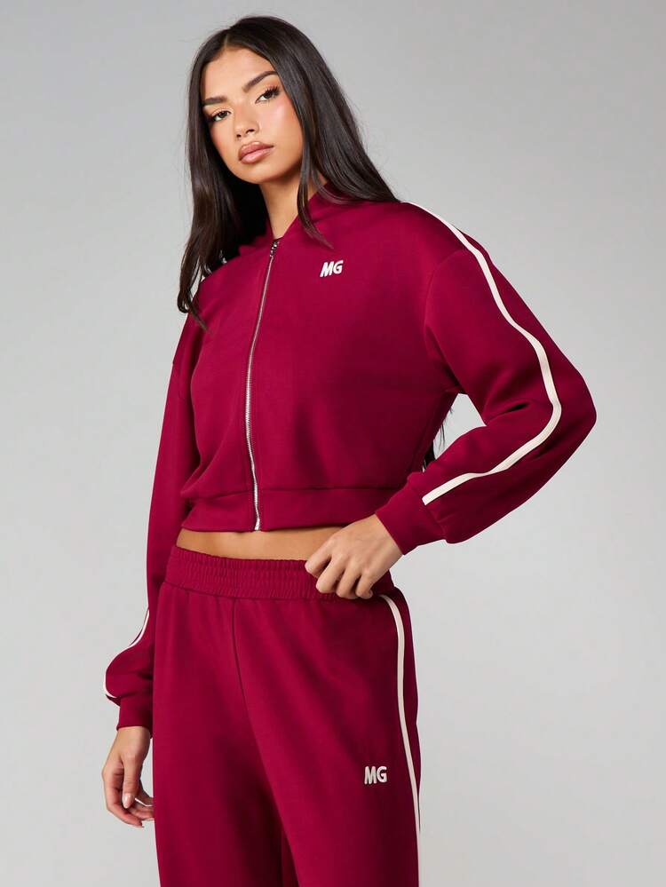 MISSGUIDED Burgundy Full Zip Hoodie With Contrasting White Stripe Details Long Sleeve Casual Sweatshirt Winter Fall Comfortable Lounge Wear