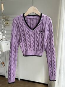 SHEIN 少女蝴蝶结刺绣V领长袖休闲毛衣，秋冬季 - 紫色 - 查看 5