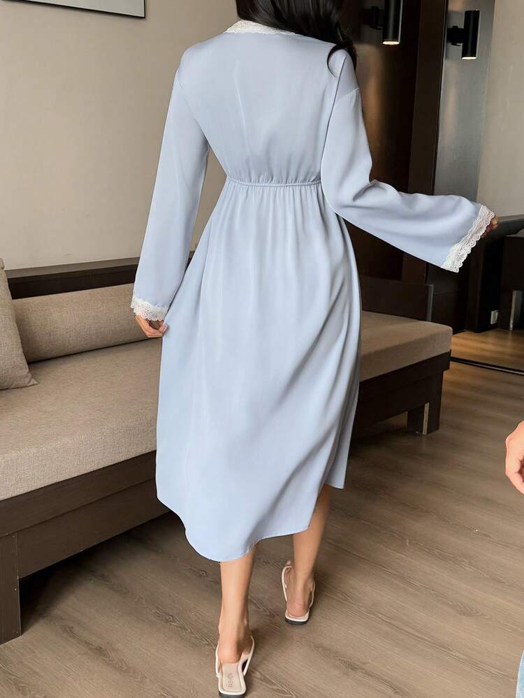 Romantic Satin & Lace Patchwork Waist Tie Long Robe For Women