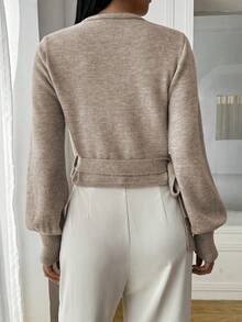 Elyressa Solid Wrap-Style Cropped V-Neck Tie Waist Long Lantern Sleeve Casual Elegant Sweater For Women, Long Sleeve Top Knit Pullover Fall Winter - Khaki - View 2