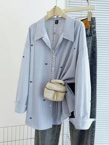 GlowEve CURVE Plus Size Bow Decor Blue & White Striped Shirt