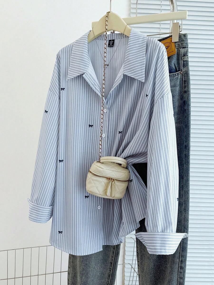 GlowEve CURVE Plus Size Bow Decor Blue & White Striped Shirt