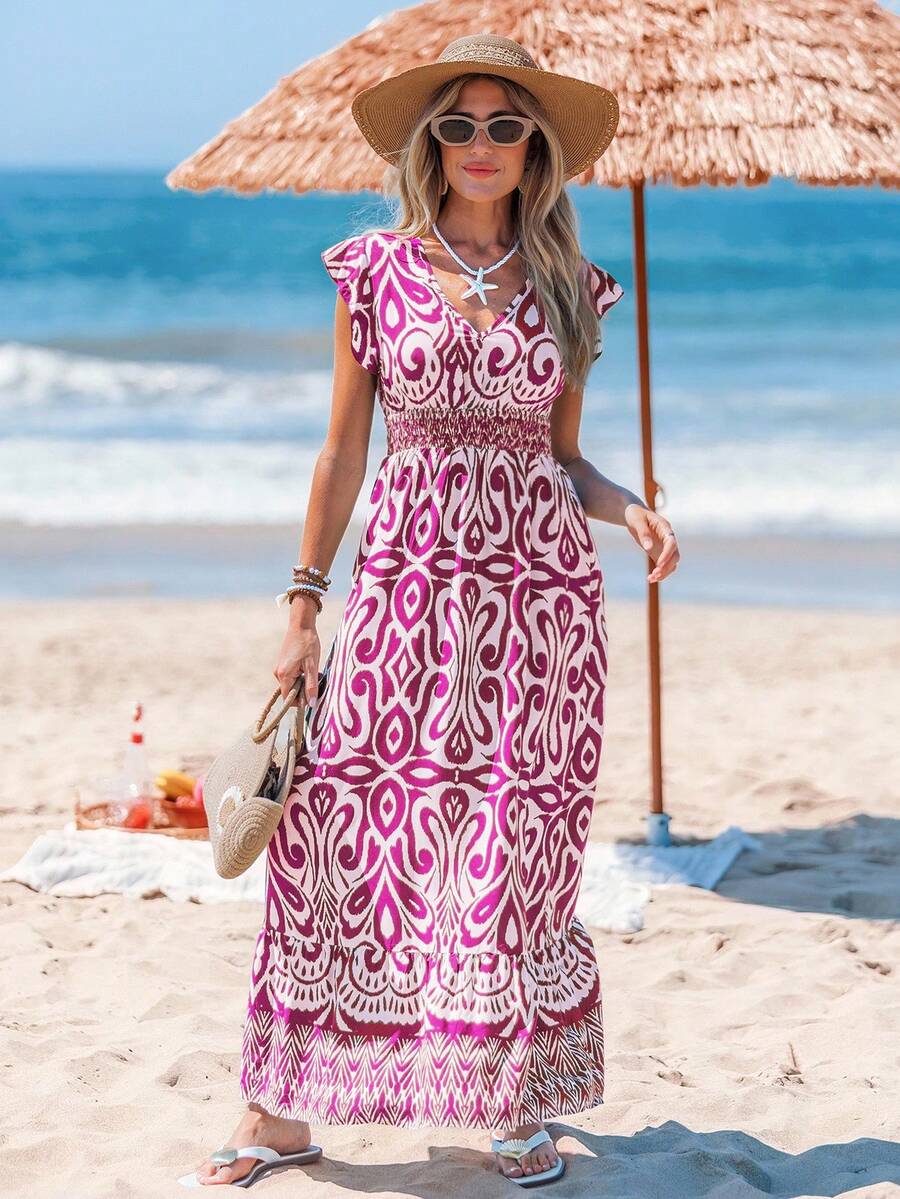 Sylviya Robe longue à ligne trapèze avec manches calées, taille froncée et volant à l'ourlet. Imprimé fleuri décontracté pour vacances. Vêtements bohèmes pour femmes. - Rose vif - Voir 1