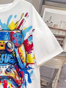 SHEIN Fantacosmos 2pcs Tween Boy Video Game Graphic Short Sleeve T-Shirt & Shorts Set, - White - View 5