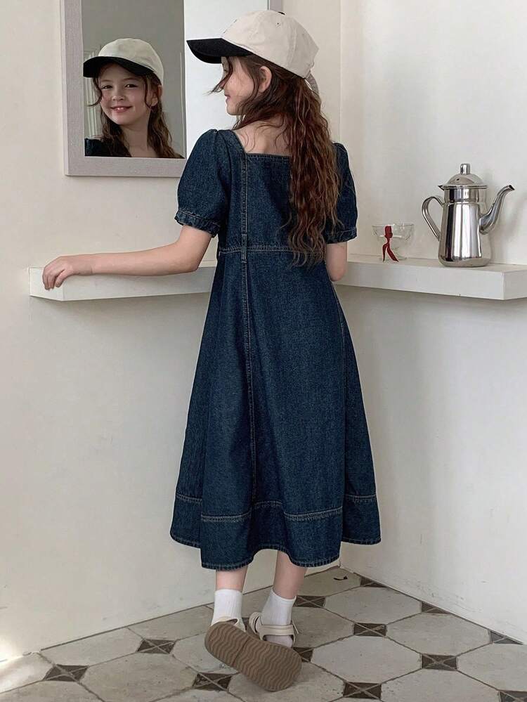Tween Girls Square Neck Short Sleeve Denim Dress For Summer,Back To School Clothes