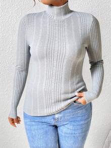 SHEIN Frenchy 休闲简约高领修身不对称罗纹保暖上衣，适合日常穿着，秋冬季百搭单品 - 灰色 - 查看 4