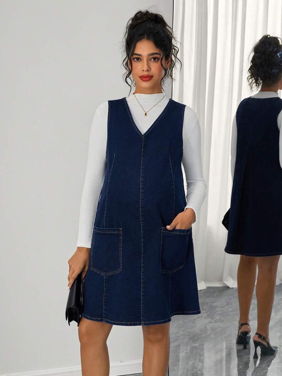 Momance 孕妇休闲V领无袖牛仔连衣裙，带口袋