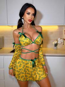 Fantasy Costume 5件套水果元素派对服装，包括露脐上衣、丁字裤、迷你裙、2副手套 - 黃色 - 查看 5